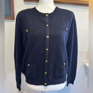 Lizsport women's Cardigan L blue 100% lambs wool gold buttons long sleeve pocket